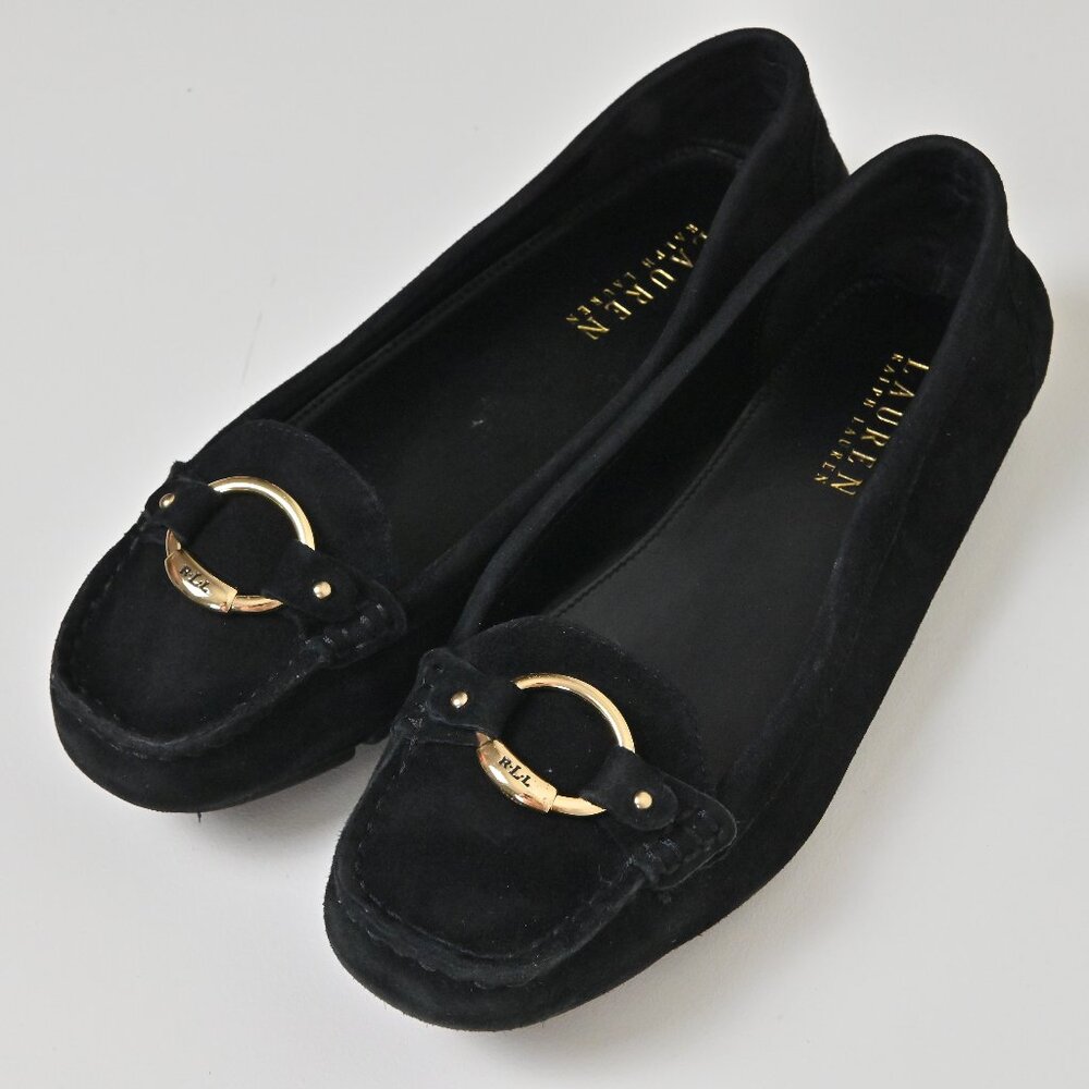 Lauren Ralph Lauren Candace Gold Ring Black Suede Ballet Flats Women's US9.5 UK7